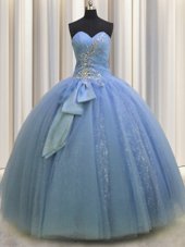 Graceful Sequins Bowknot Floor Length Light Blue Sweet 16 Dresses Sweetheart Sleeveless Lace Up