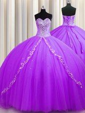 Sweetheart Sleeveless Quinceanera Gown Sweep Train Beading Purple Tulle