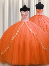 Best Orange Sleeveless Tulle Brush Train Lace Up 15 Quinceanera Dress for Military Ball and Sweet 16 and Quinceanera