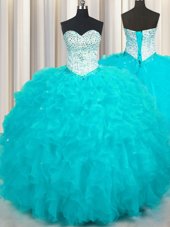 Visible Boning Tulle Sweetheart Sleeveless Lace Up Beading and Ruffles and Sequins Quinceanera Dresses in