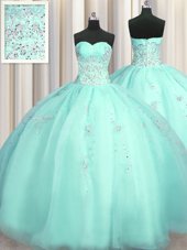 Really Puffy Turquoise Sleeveless Floor Length Beading and Appliques Zipper Quince Ball Gowns