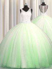 See Through Zipple Up Zipper V-neck Beading and Appliques Ball Gown Prom Dress Tulle Sleeveless Brush Train