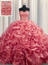 Shining Sleeveless Organza With Train Court Train Lace Up Quinceanera Gowns in Watermelon Red for with Beading and Pick Ups