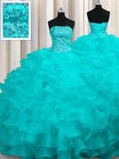 Modest Sleeveless Sweep Train Lace Up With Train Beading and Ruffles 15 Quinceanera Dress