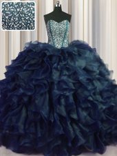 Flare Visible Boning Bling-bling Organza Sleeveless With Train Vestidos de Quinceanera Brush Train and Beading and Ruffles