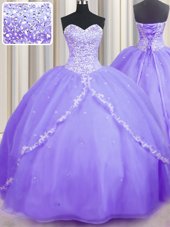 With Train Lavender Sweet 16 Dresses Organza Brush Train Sleeveless Beading and Appliques