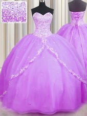 Pretty With Train Lilac Sweet 16 Quinceanera Dress Organza Brush Train Sleeveless Beading and Appliques