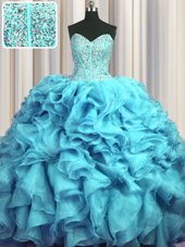 Visible Boning Bling-bling Sleeveless With Train Beading and Ruffles Lace Up Quinceanera Dresses with Aqua Blue Brush Train