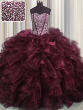 Visible Boning Bling-bling Sweetheart Sleeveless Organza Sweet 16 Dresses Beading and Ruffles Brush Train Lace Up