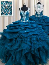 Zipple Up See Through Back Teal Quinceanera Dresses Military Ball and Sweet 16 and Quinceanera and For with Beading and Ruffles and Sequins and Pick Ups Straps Sleeveless Zipper