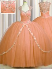 Great See Through Back Orange Zipper Sweetheart Beading and Appliques Quince Ball Gowns Tulle Cap Sleeves Brush Train