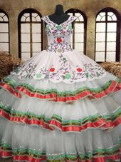 Sexy Multi-color A-line V-neck Sleeveless Organza Floor Length Lace Up Embroidery and Ruffled Layers Ball Gown Prom Dress