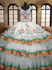 Flare Multi-color A-line V-neck Sleeveless Organza Floor Length Lace Up Embroidery and Ruffled Layers Quinceanera Dress