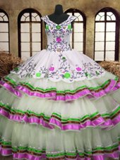 Sophisticated Multi-color Organza Lace Up 15 Quinceanera Dress Sleeveless Floor Length Embroidery and Ruffled Layers
