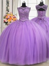 Flirting See Through Beading and Appliques Ball Gown Prom Dress Lavender Lace Up Sleeveless Floor Length