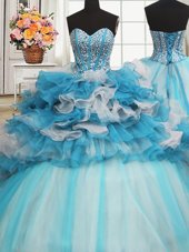 Visible Boning Beaded Bodice Floor Length Lace Up Sweet 16 Dresses Blue And White and In for Military Ball and Sweet 16 and Quinceanera with Beading and Ruffled Layers
