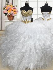 Glittering Beading and Ruffles Vestidos de Quinceanera White Lace Up Sleeveless Floor Length