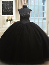 Sexy High Neck Tulle Cap Sleeves Floor Length Sweet 16 Dress and Beading