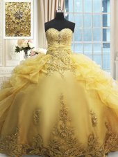 Yellow Sweetheart Lace Up Beading and Appliques and Ruffles Sweet 16 Dress Sleeveless