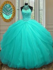Low Price Ball Gowns Quinceanera Dress Aqua Blue Halter Top Tulle Sleeveless Floor Length Lace Up