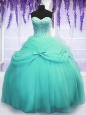 High Class Aqua Blue Quince Ball Gowns Military Ball and Sweet 16 and Quinceanera and For with Beading and Sequins and Bowknot Sweetheart Sleeveless Lace Up