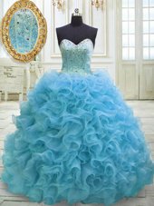 Baby Blue Organza Lace Up Sweetheart Sleeveless 15 Quinceanera Dress Sweep Train Beading and Sequins