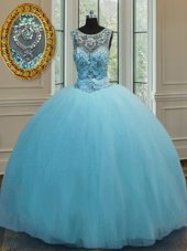 Adorable Baby Blue Ball Gowns Tulle Scoop Sleeveless Beading Floor Length Lace Up Vestidos de Quinceanera