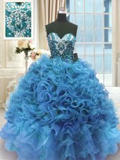 Pretty Blue Lace Up 15 Quinceanera Dress Beading and Ruffles Sleeveless Floor Length