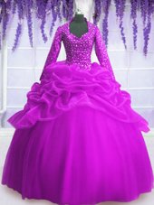 Dramatic Fuchsia Ball Gowns Organza V-neck Long Sleeves Sequins and Pick Ups Floor Length Zipper Quinceanera Gown