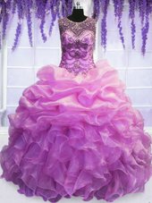 Scoop Sleeveless Sweet 16 Quinceanera Dress Floor Length Beading and Pick Ups Lilac Organza