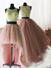 Chic Three Piece Baby Pink 15th Birthday Dress Military Ball and Sweet 16 and Quinceanera and For with Beading and Lace and Ruffles Scoop Sleeveless Brush Train Zipper