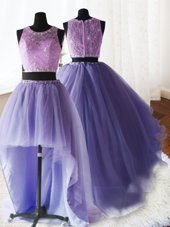 Attractive Three Piece Lavender Scoop Zipper Beading and Lace and Ruffles Sweet 16 Quinceanera Dress Brush Train Sleeveless