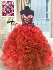 Scoop Sleeveless Brush Train Beading and Lace and Ruffles Zipper 15 Quinceanera Dress
