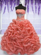 Romantic Watermelon Red and Coral Red Ball Gowns Organza Strapless Sleeveless Beading Floor Length Lace Up Vestidos de Quinceanera