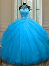 Baby Blue Ball Gowns Sweetheart Sleeveless Tulle Floor Length Lace Up Beading 15 Quinceanera Dress
