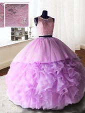 Custom Design Lilac Scoop Zipper Beading and Lace and Ruffles Quinceanera Dresses Brush Train Sleeveless