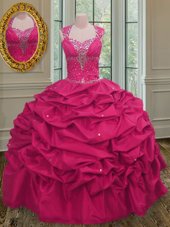 Noble Hot Pink Taffeta Lace Up Straps Sleeveless Floor Length Sweet 16 Dress Beading and Pick Ups