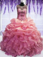 Baby Pink Organza Lace Up Scoop Sleeveless Floor Length Sweet 16 Dresses Beading and Pick Ups