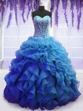 Blue Ball Gowns Sweetheart Sleeveless Organza Floor Length Lace Up Beading and Ruffles Quinceanera Dresses