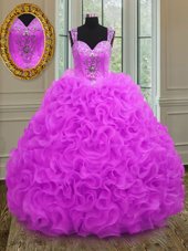 Modern Straps Straps Fuchsia Sleeveless Floor Length Beading and Ruffles Lace Up Quince Ball Gowns