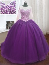 Exceptional Scoop Purple Long Sleeves Beading and Sequins Lace Up Sweet 16 Quinceanera Dress