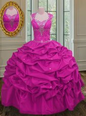 Luxurious Pick Ups Straps Cap Sleeves Lace Up Vestidos de Quinceanera Fuchsia Taffeta