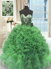 Free and Easy Turquoise Lace Up High-neck Beading and Ruffles Quince Ball Gowns Organza Sleeveless