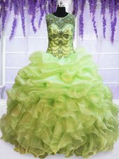 Elegant Floor Length Yellow 15th Birthday Dress Organza Sleeveless Beading and Ruffles