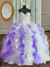 Cute White and Purple Organza Lace Up Quinceanera Dress Sleeveless Floor Length Beading and Ruffles