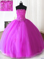 Fuchsia Lace Up Quinceanera Dresses Beading and Appliques Sleeveless Floor Length