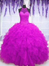 Floor Length Fuchsia Ball Gown Prom Dress High-neck Sleeveless Lace Up