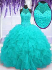 High-neck Sleeveless Organza 15th Birthday Dress Beading and Ruffles Lace Up