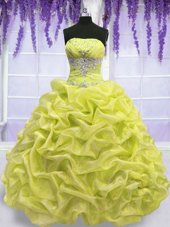 Unique Yellow Green Ball Gowns Strapless Sleeveless Organza Floor Length Lace Up Beading Sweet 16 Dress