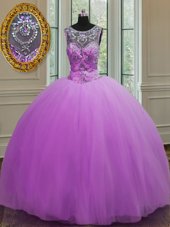 Unique Halter Top Purple Ball Gowns Beading Quinceanera Gown Lace Up Tulle Sleeveless Floor Length
